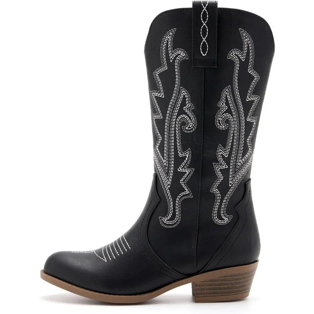 ⚡Girls Black Kids Western Boots Embroidered Cowgirl Boots Riding Shoes Mid Calf